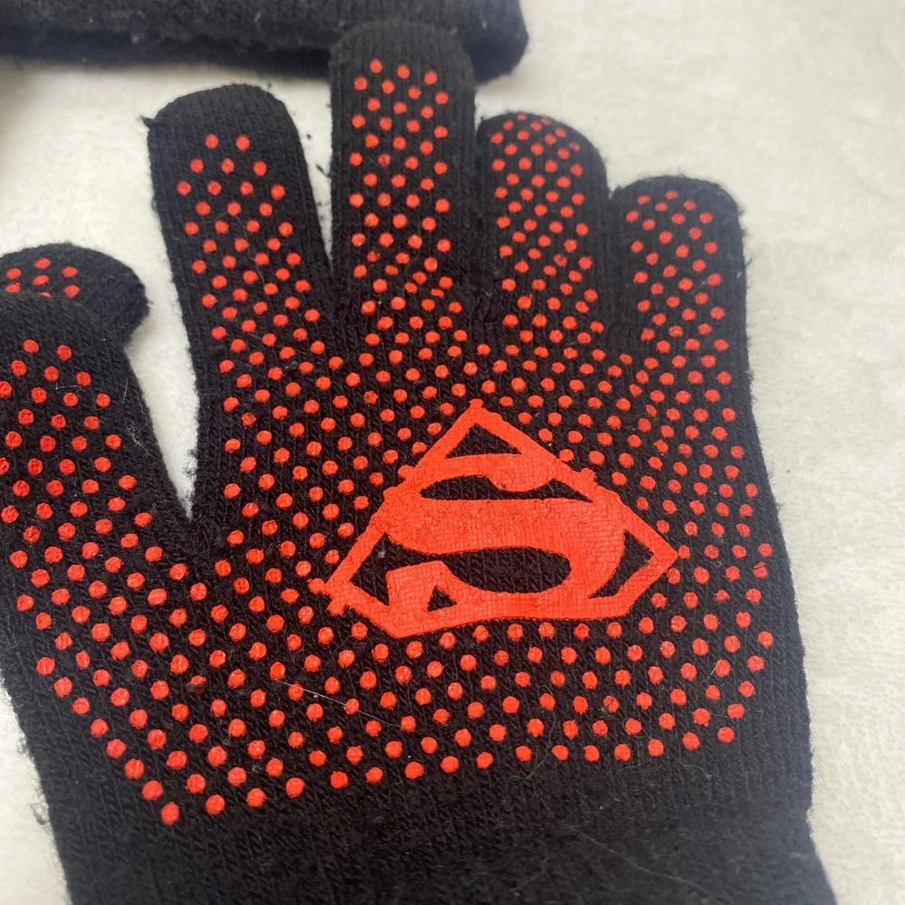 VTG Childs Superman Knit Beanie Hat Gloves‎ Set Black Red S Shield Logo Winter